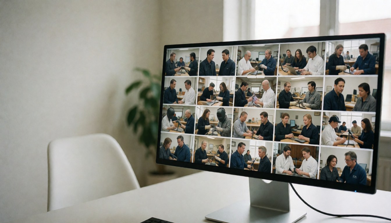 Modern office desk with a large monitor displaying multiple work windows, a white chair, and a plant, suitable for a documentary photographer website hero.