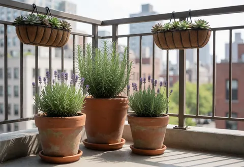 Three terracotta pots with lavender and rosemary and two hanging succulent pots on an urban balcony under a clear sky