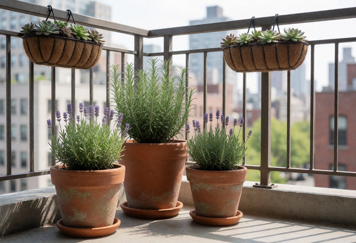 Three terracotta pots with lavender and rosemary and two hanging succulent pots on an urban balcony under a clear sky