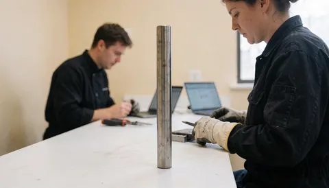Titanium barbell on a white table in a jewelry workshop with beige walls and tools