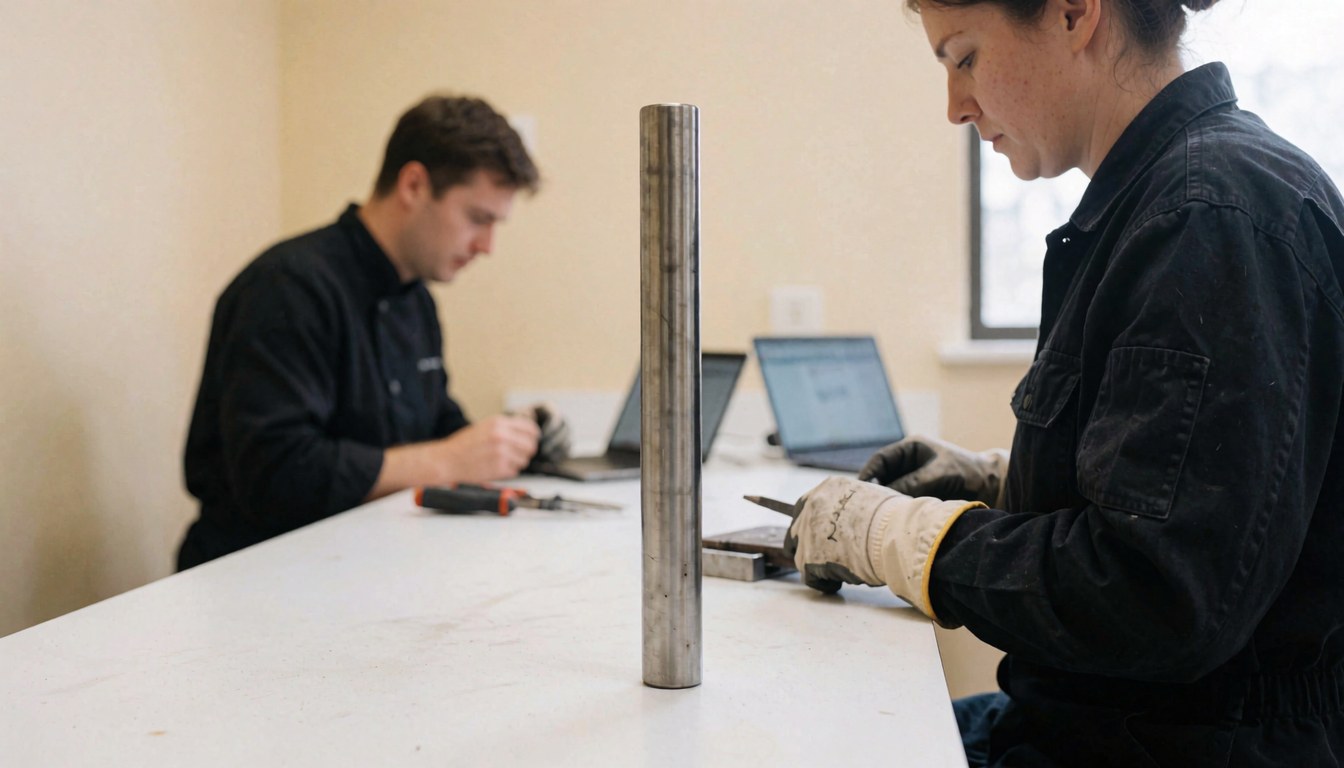 Titanium barbell on a white table in a jewelry workshop with beige walls and tools