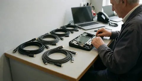 Technician repairing an electronic device on a workbench with USB-C and micro-USB cables in a well-lit workshop.