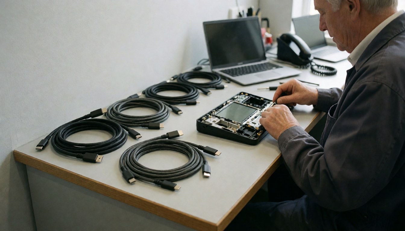 Technician repairing an electronic device on a workbench with USB-C and micro-USB cables in a well-lit workshop.