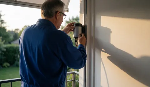 Technician installing an awning motor on a residential balcony with natural light and a garden background