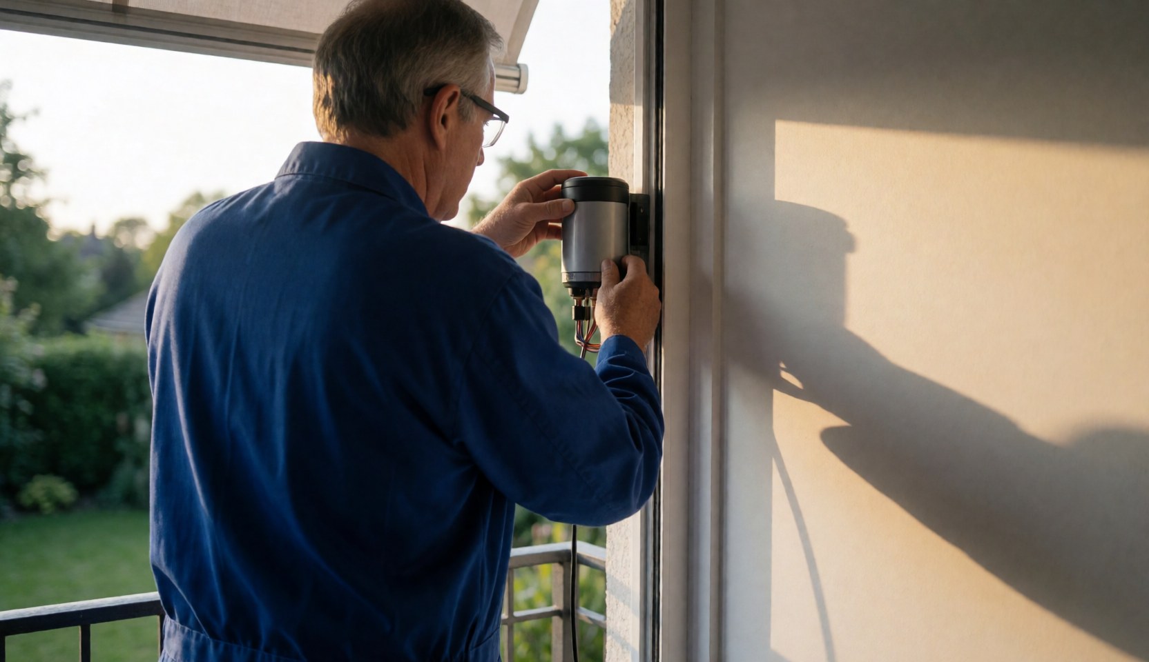 Technician installing an awning motor on a residential balcony with natural light and a garden background