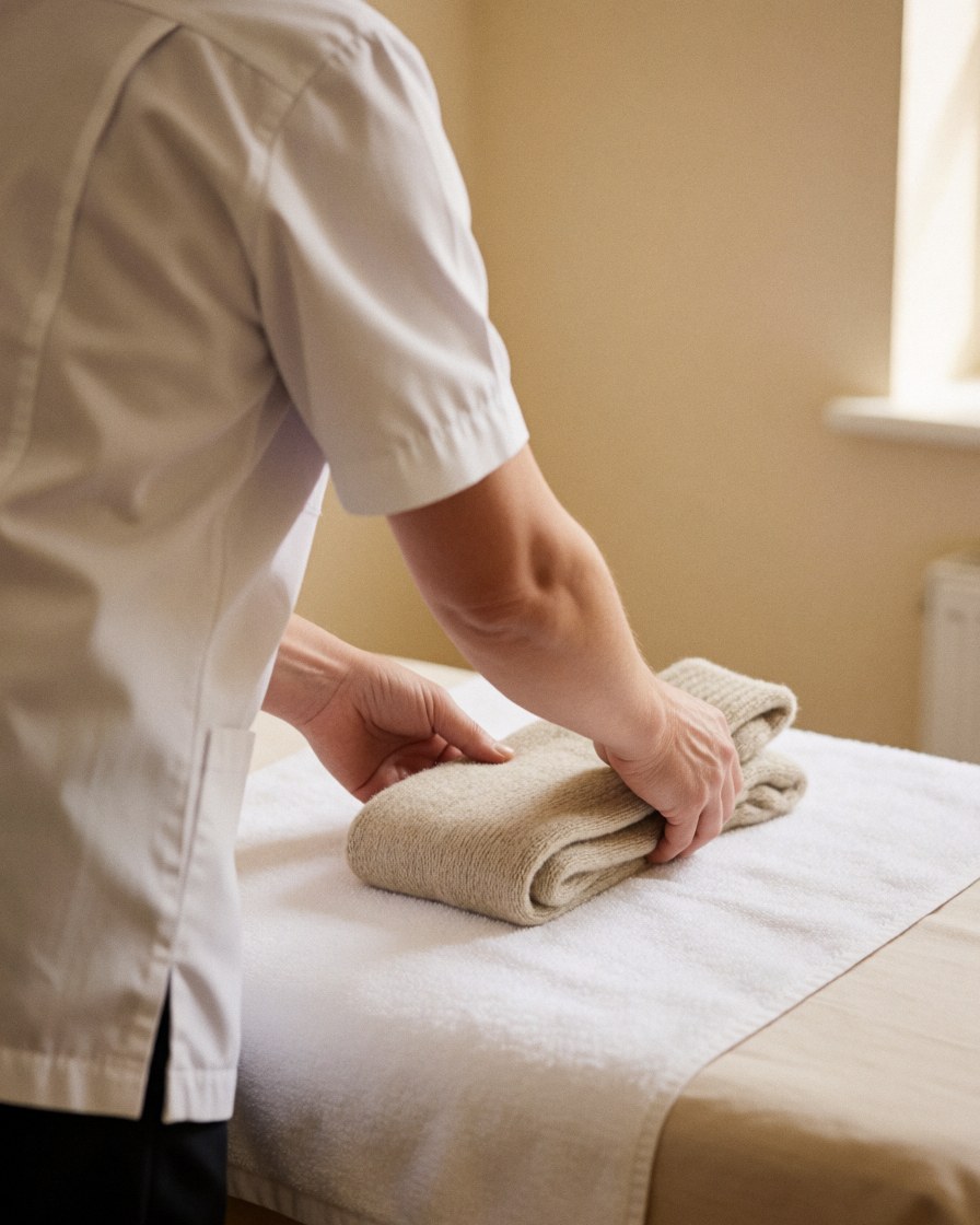 A geriatric massage therapist places wool socks on a white towel on a treatment table in a clean beige room