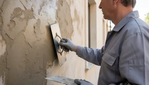 A decorative painter uses a trowel to apply a final layer of plaster to an exterior building wall on a sunny day.