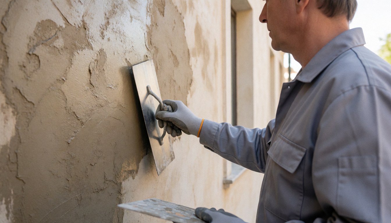 A decorative painter uses a trowel to apply a final layer of plaster to an exterior building wall on a sunny day.