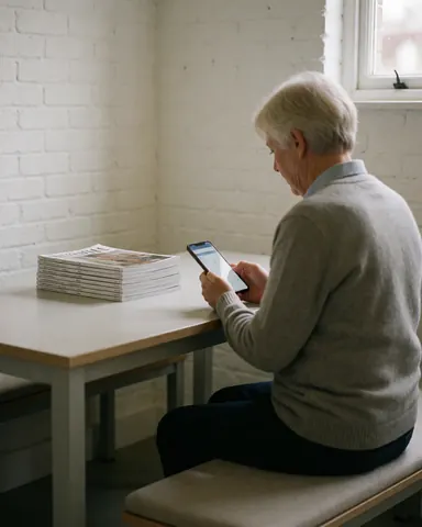 Senior customer sitting on bench using smartphone with magazines on table in relaxed waiting area with white brick wall