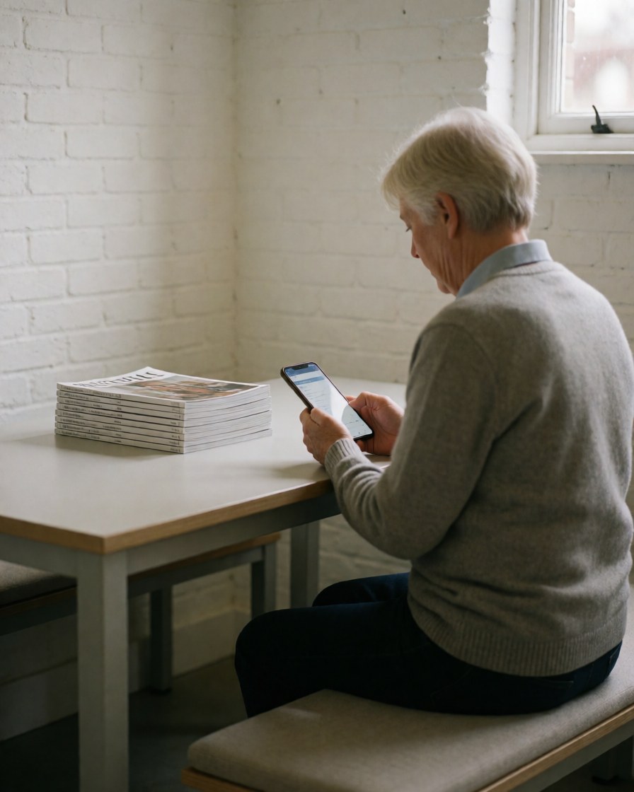 Senior customer sitting on bench using smartphone with magazines on table in relaxed waiting area with white brick wall