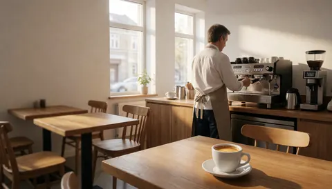 A barista prepares espresso in a cafe with natural light, wooden tables, and a white cup with crema in the foreground.