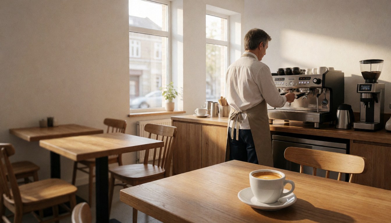 A barista prepares espresso in a cafe with natural light, wooden tables, and a white cup with crema in the foreground.