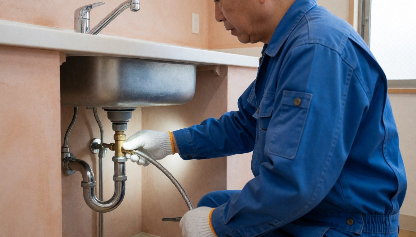 Plumber installing flexible pipe under sink in kitchen
