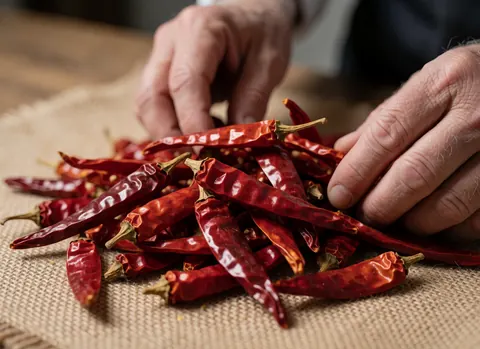 Close-up of adult hands manipulating dried red chiles on a linen cloth with directional lighting and a blurred wooden background