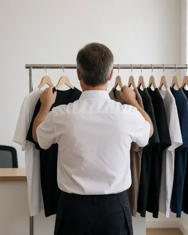 Employee arranging t-shirts on a metal rack in a retail store with white walls and natural light