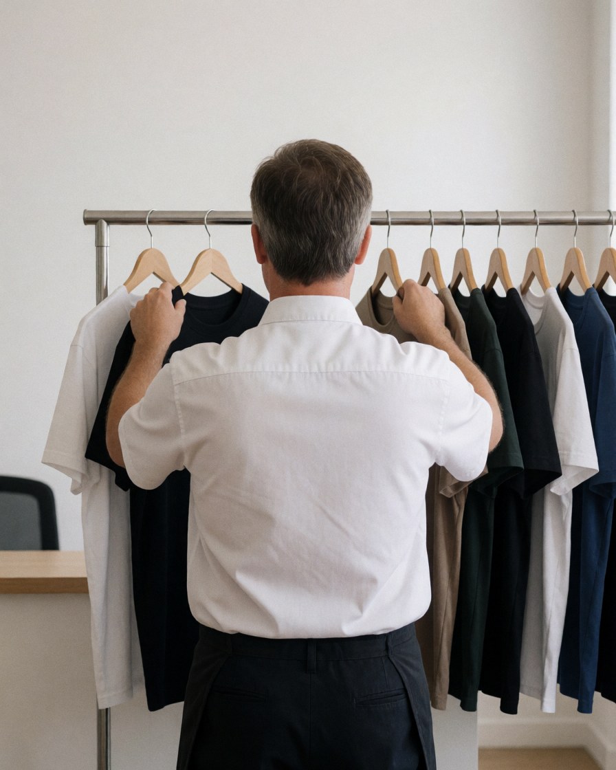 Employee arranging t-shirts on a metal rack in a retail store with white walls and natural light