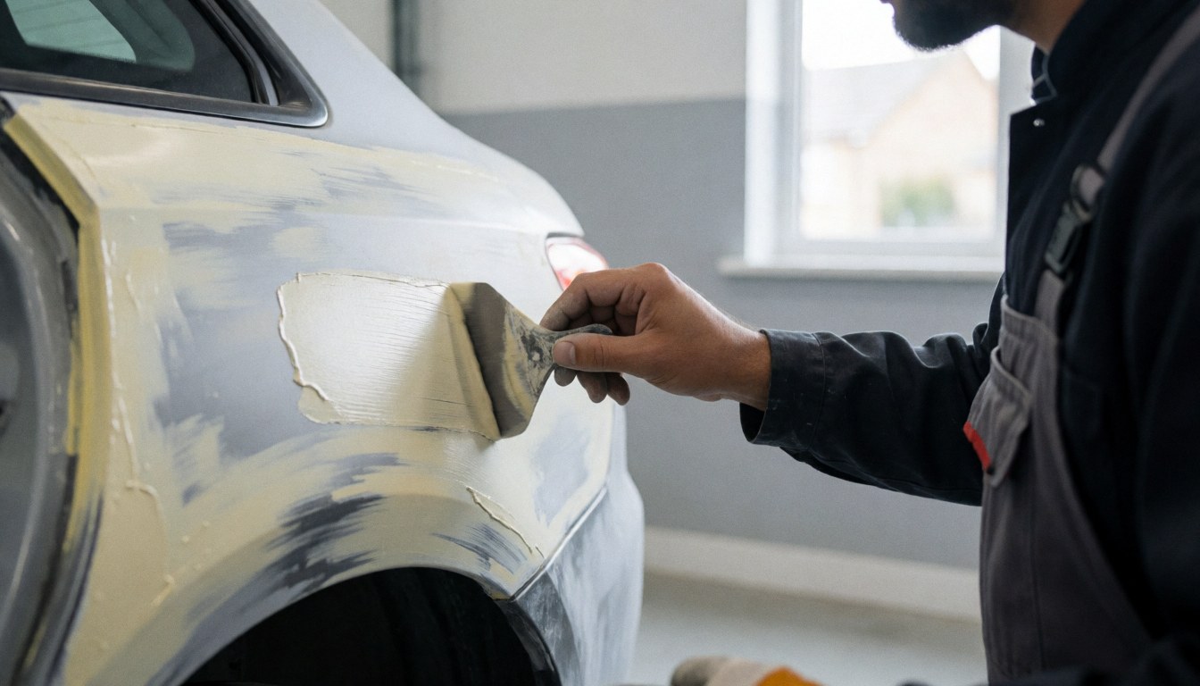 A technician applying body filler to a vehicle in a garage with gray walls and natural light.