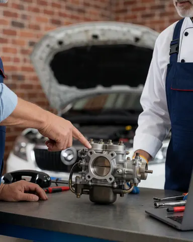 Mechanic displays a clean engine intake pipe to a client in a workshop with an open hood and brick wall background.