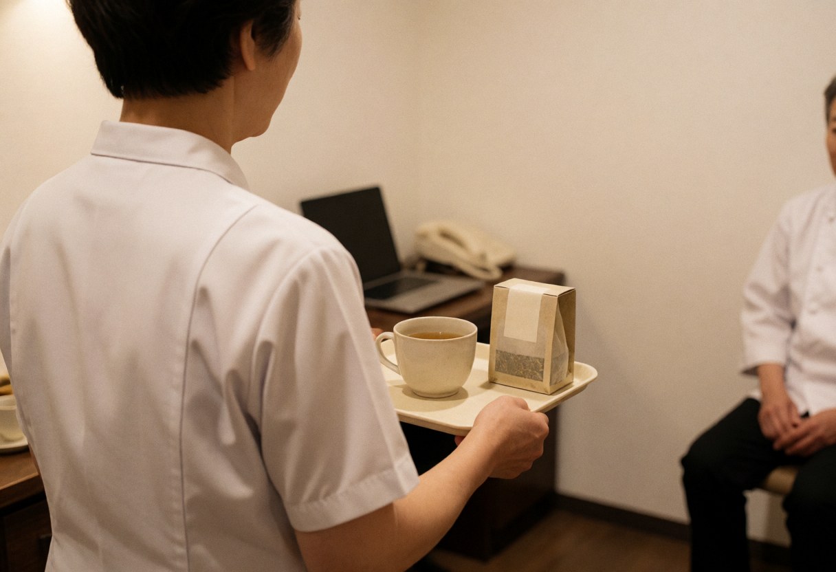 A professional serving tea to a client in a clean and cozy consultation room with a tea box and cup.