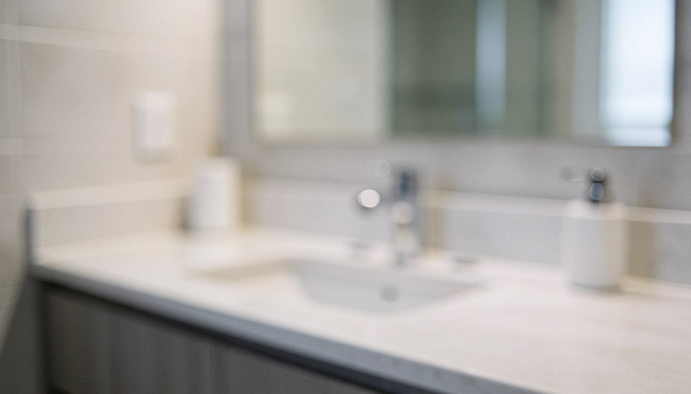 Neutral bathroom background featuring a white countertop, a wall mirror, and gray tiles, suitable for commercial text overlays