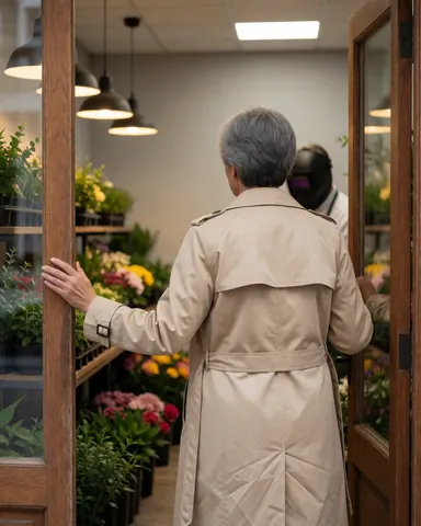 A customer walks into a florist shop with colorful flowers and hanging lights, viewed from behind against gray walls and a wooden door.