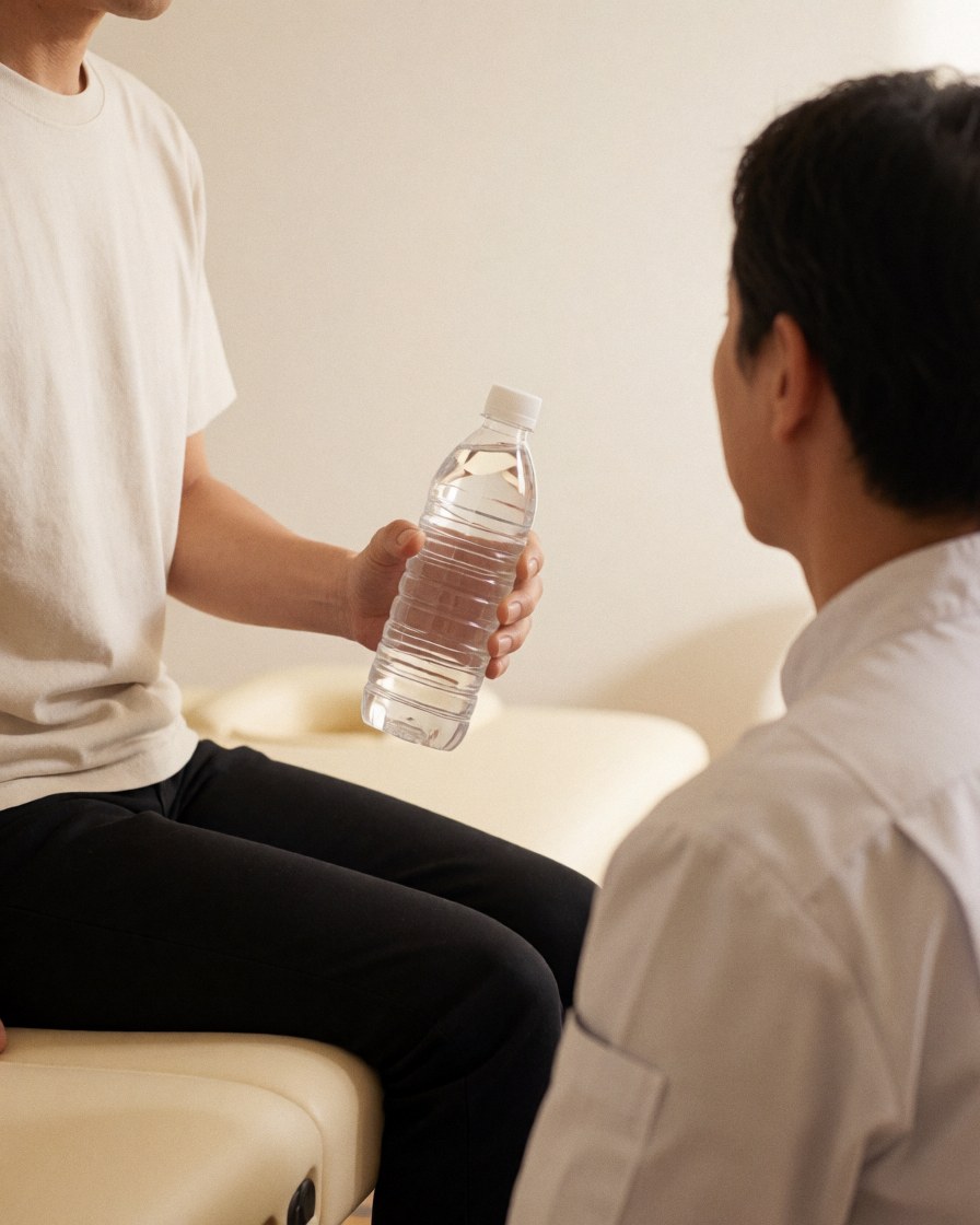 A relaxed client sits on a massage table and accepts a water bottle from a professional therapist in a calm white room.