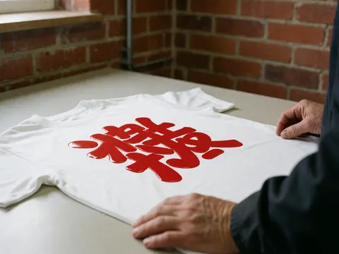Hands adjusting a white t-shirt with a red graphic design on a clean work surface with a brick wall background