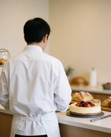 Baker in white uniform checking a fruit cheesecake in a bakery with beige walls and bread in the background