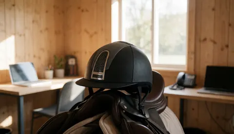 Black riding helmet resting on a leather saddle placed on a wooden surface with natural light, suitable for equestrian center websites.