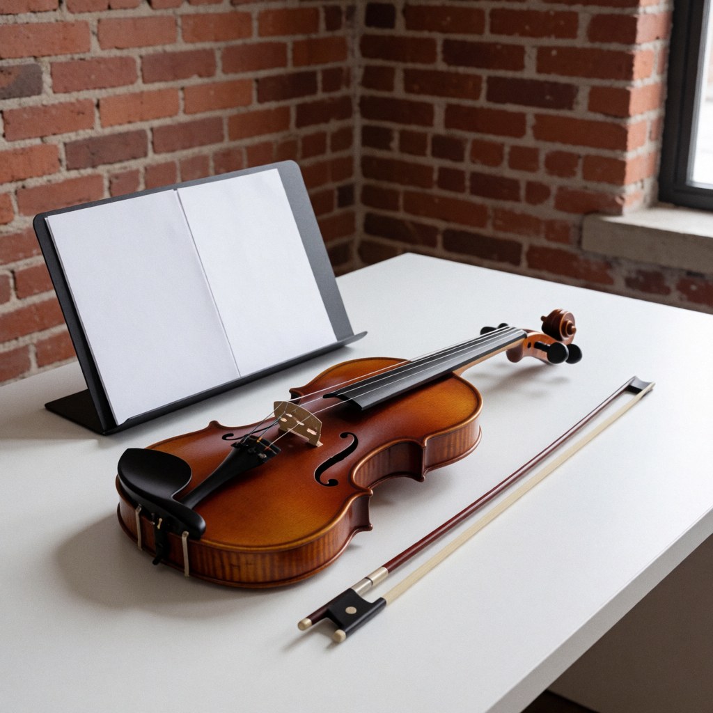 Wooden violin with bow and music stand on a white table against a brick wall, ideal for music academies.