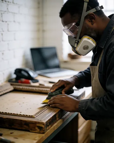 Man wearing safety gear sanding a wooden frame in a workshop with a white brick wall, showing furniture restoration work.