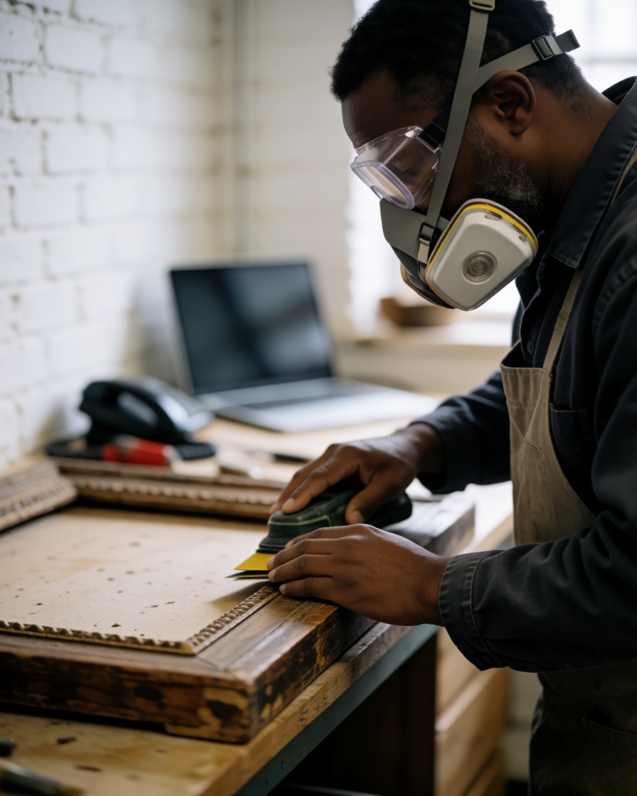 Man wearing safety gear sanding a wooden frame in a workshop with a white brick wall, showing furniture restoration work.