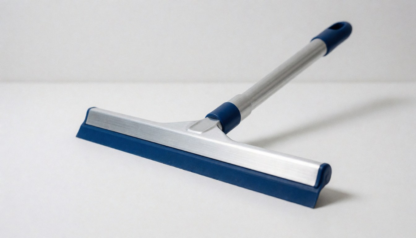 Professional window cleaning squeegee with aluminum handle and blue rubber blade resting on a clean white surface