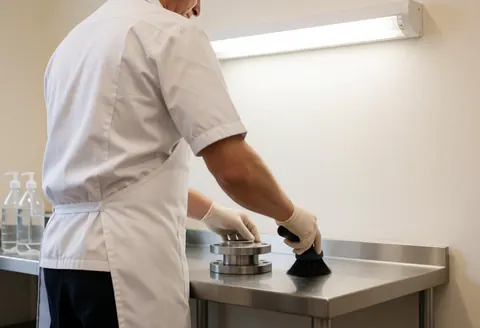 Worker cleaning metal flange with brush on stainless steel table in industrial workshop