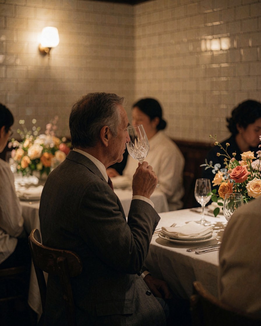 A customer enjoys wine at a table with white tablecloth and floral arrangements in a restaurant with white tiled walls.