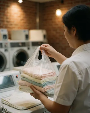 A satisfied customer holding a plastic bag filled with neatly folded clothes inside a laundromat with washing machines and a brick wall background