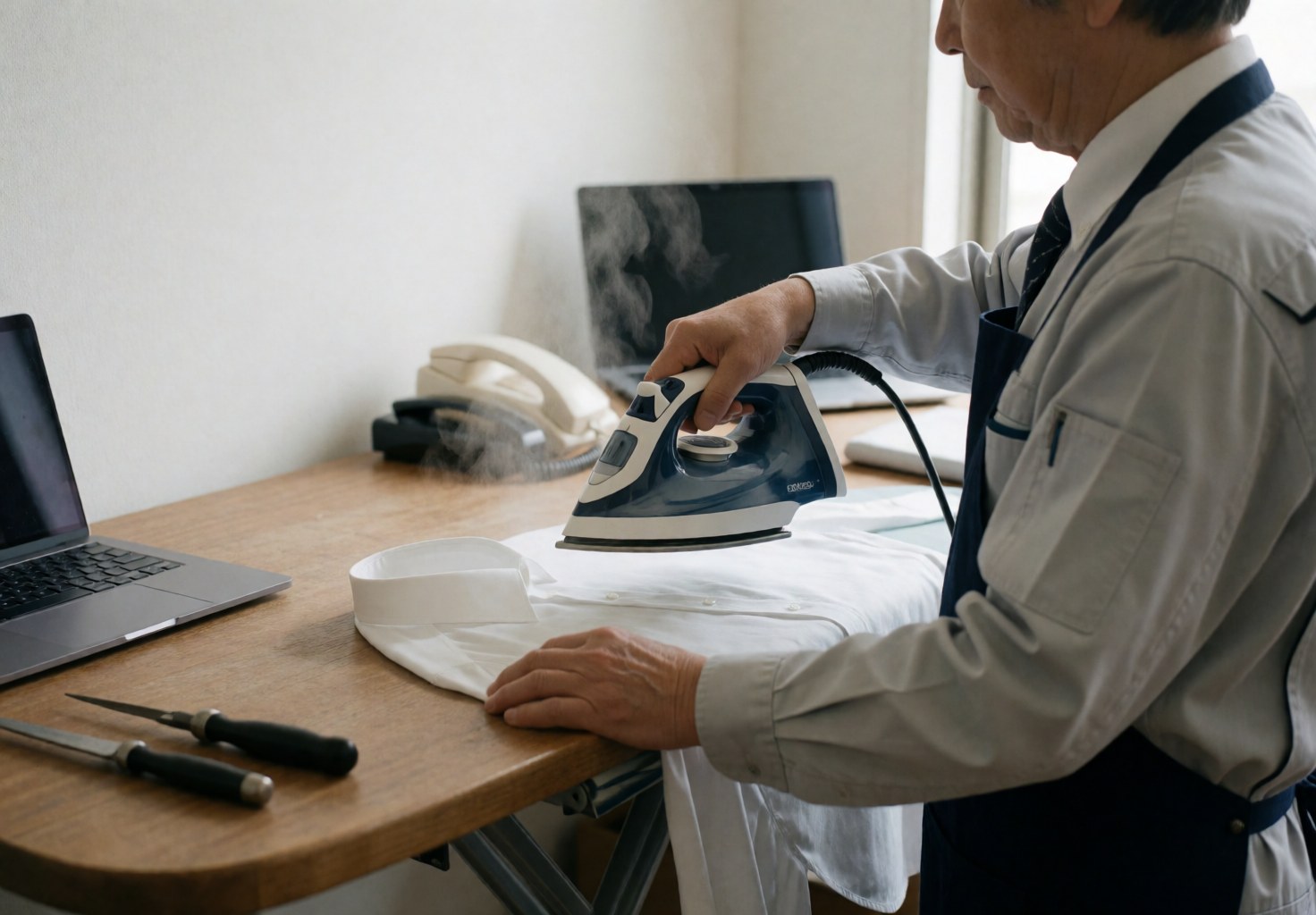 A man in an apron ironing a white shirt with steam in a well-lit sewing workshop