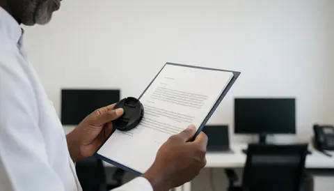 A professional holds a camera lens while reviewing a contract in an office with a blurred background.