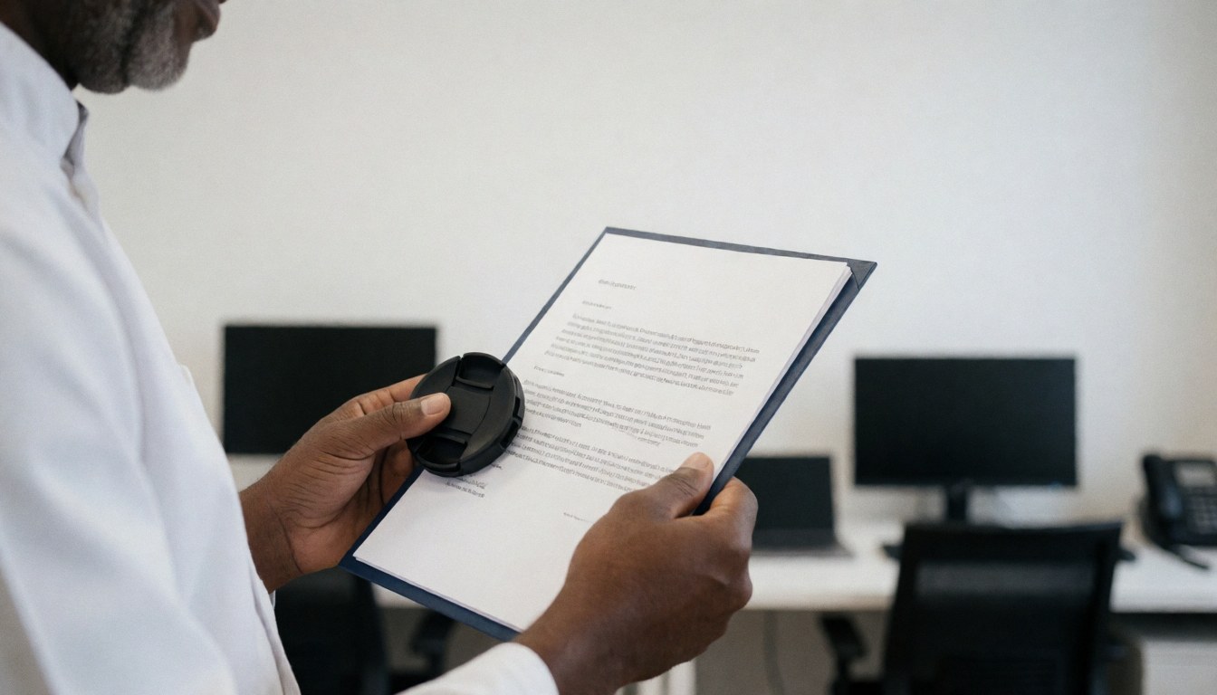A professional holds a camera lens while reviewing a contract in an office with a blurred background.
