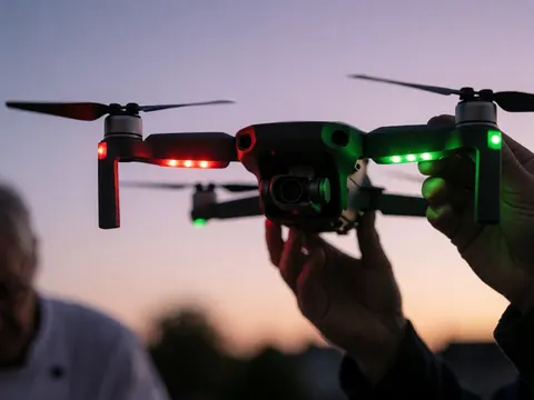 Hands holding a drone with red and green lights against a sunset sky, ideal for aerial photography.