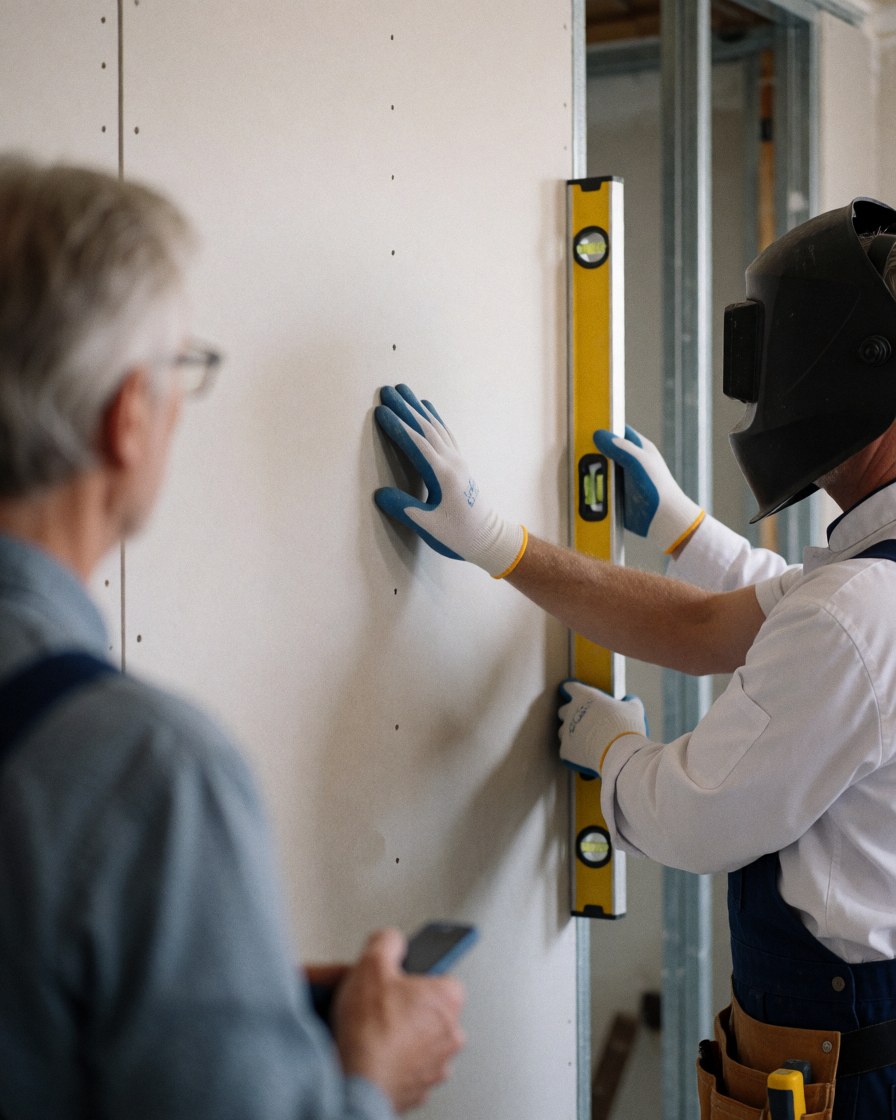Worker wearing gloves uses a yellow level to adjust a drywall sheet while a client observes closely in a room with exposed wooden frames.
