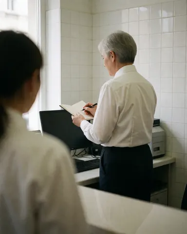 Host writing in a notebook at the reception desk with white tiled walls and natural light
