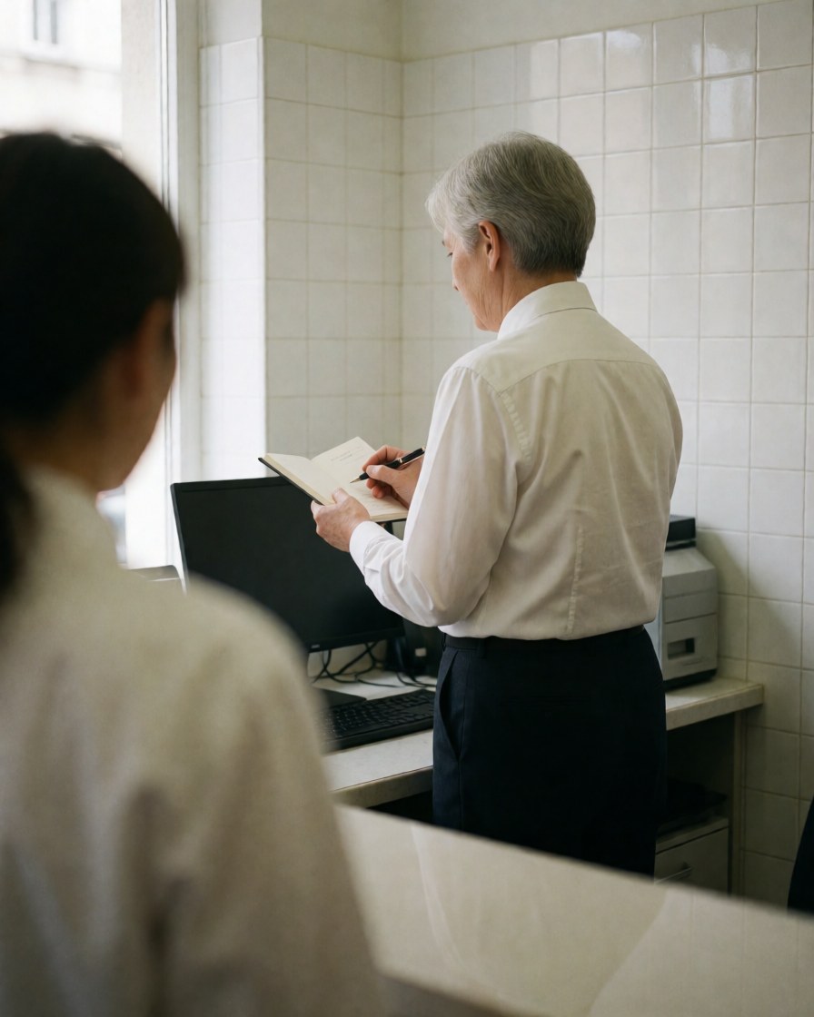 Host writing in a notebook at the reception desk with white tiled walls and natural light