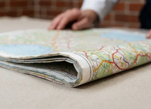 A folded paper map resting on a textured linen surface against a brick wall, featuring natural lighting and visible hands.