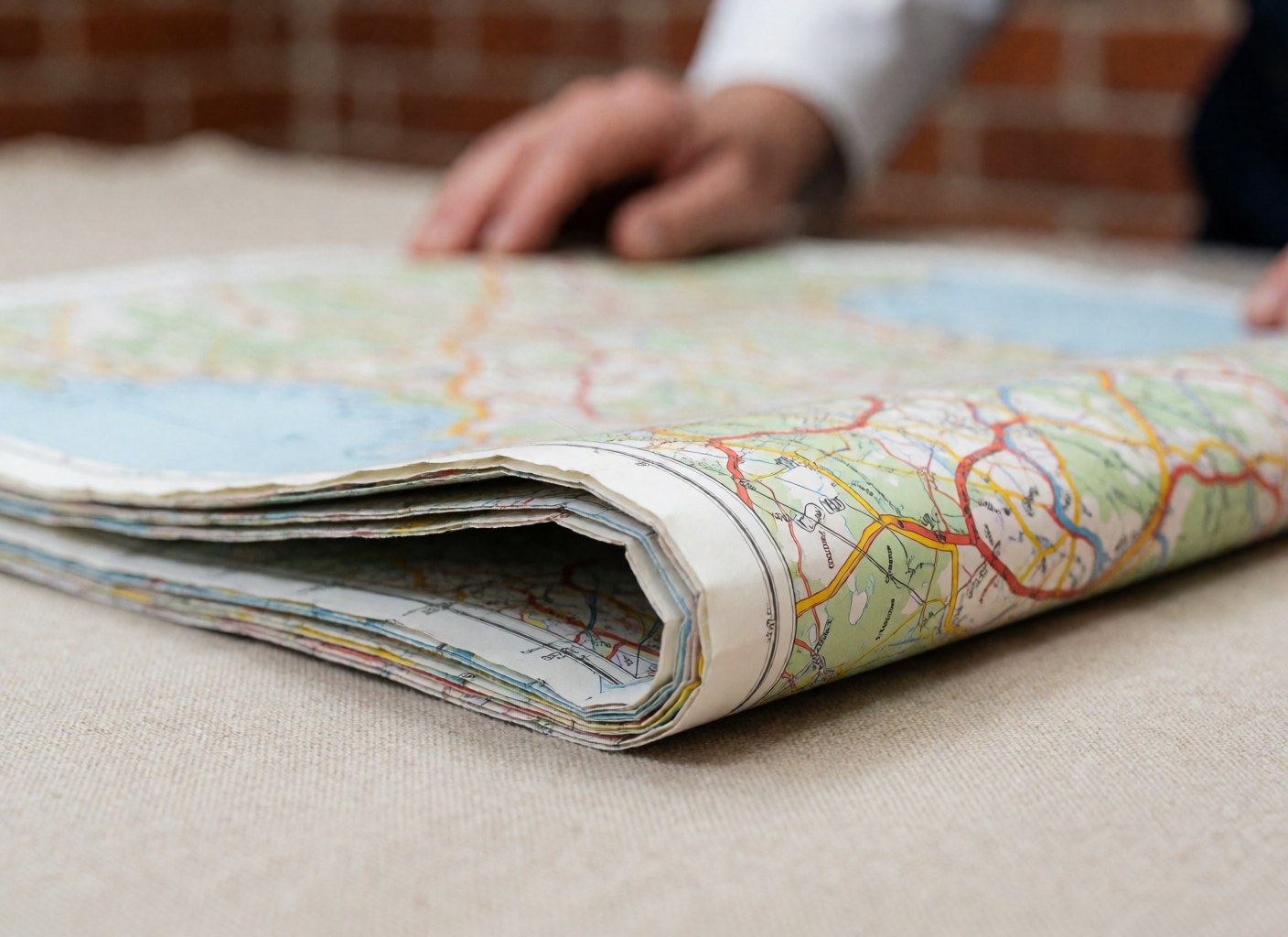 A folded paper map resting on a textured linen surface against a brick wall, featuring natural lighting and visible hands.