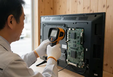 Technician wearing gloves checks led tv circuit board with infrared thermometer near wooden wall and natural light