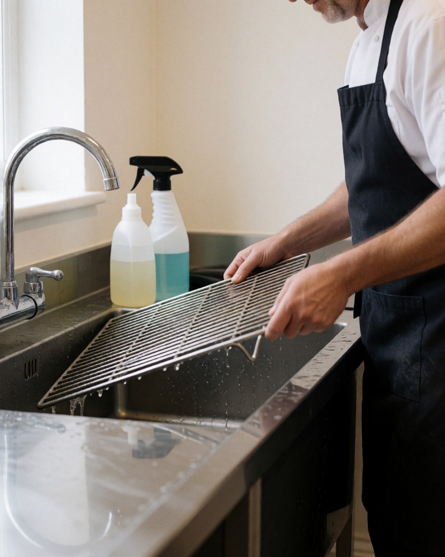 Technician in dark apron washing metal grill in industrial sink with cleaning supplies and water