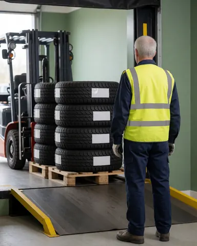 Worker in reflective vest standing near stacks of tires in a warehouse with a forklift
