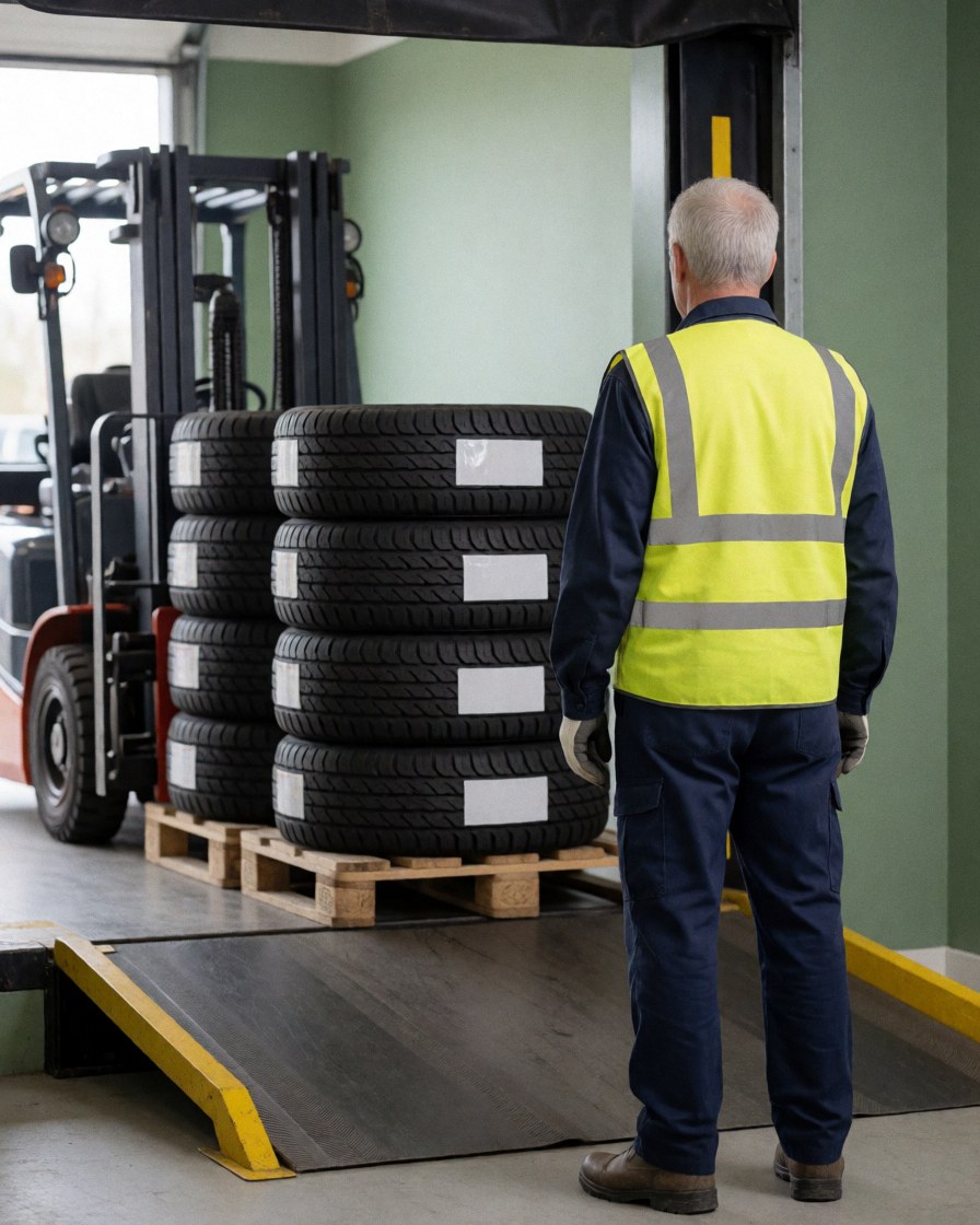 Worker in reflective vest standing near stacks of tires in a warehouse with a forklift
