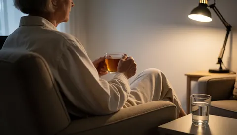A person sitting in a chair holding a tea cup with a desk lamp and white wall creating a calm atmosphere for deep tissue massage therapy